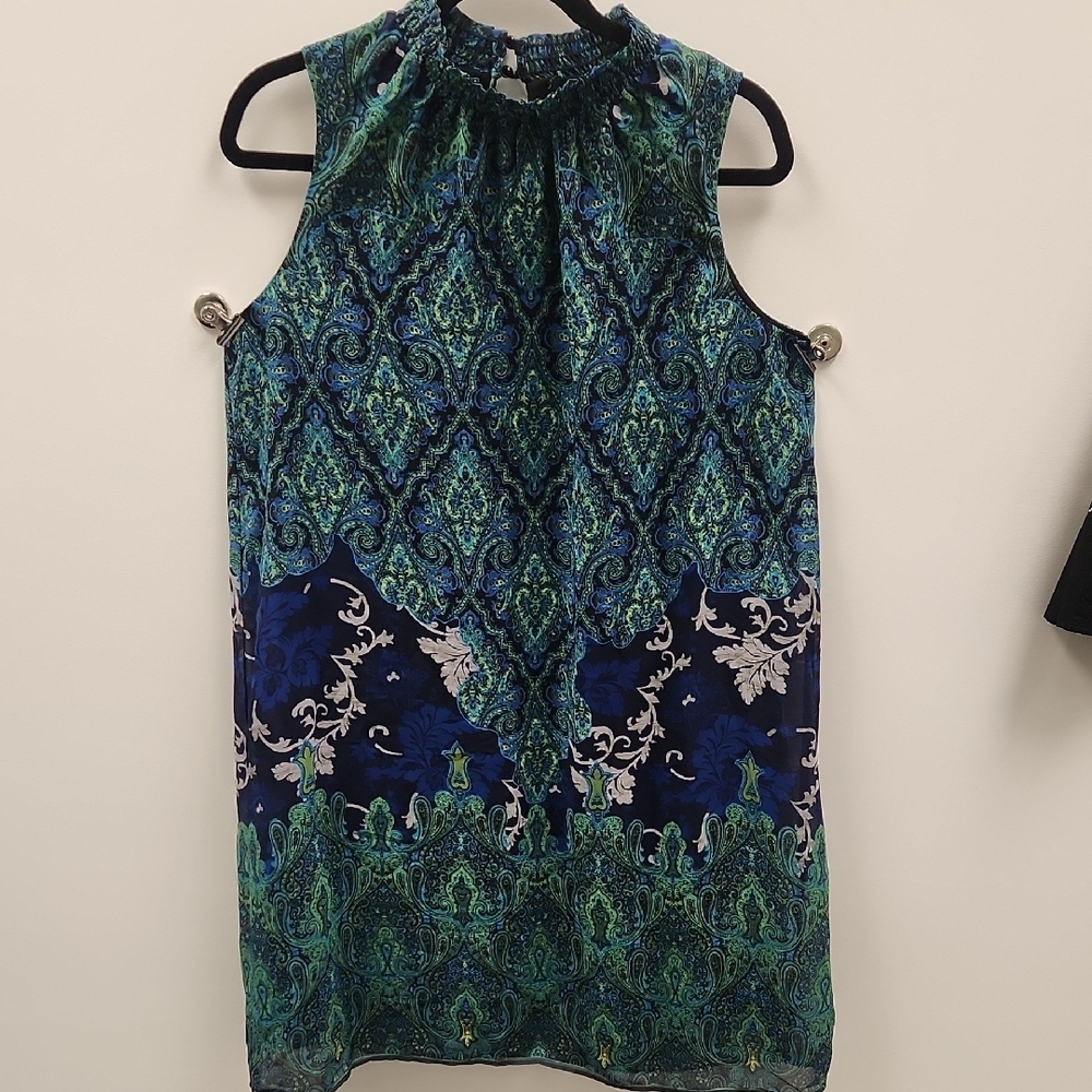 Roz & Ali Vibrant Green and Blue Mini Wedding Guest Dress Medium
